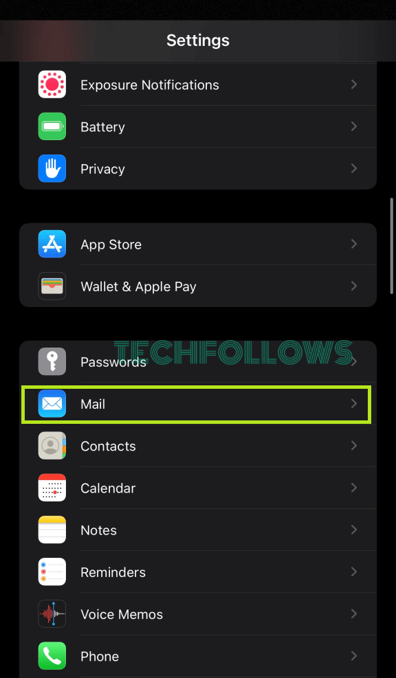 Tap Mail on Settings