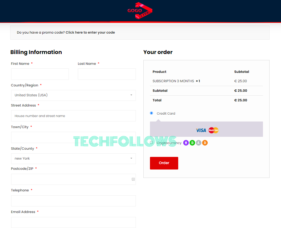 Enter the billing details to Sign up on GoGo IPTV