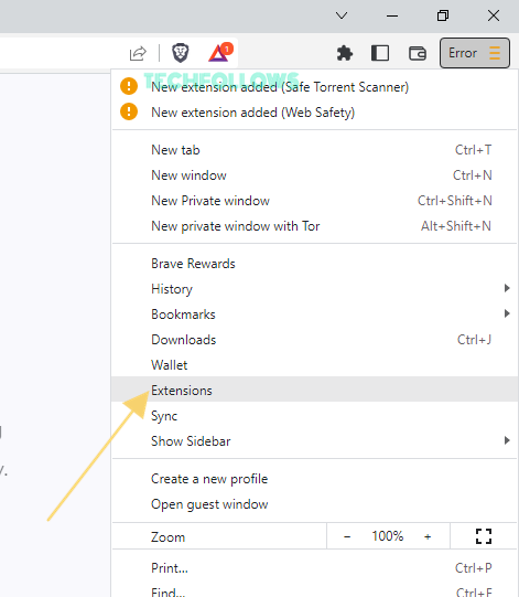 Tap the Extensions on Brave browser