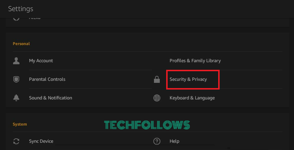 Pick Security & Privacy from Amazon Fire Tablet Settings