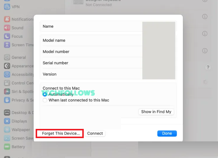Tap Forget This Device to Unpair Sony WH-1000XM4 from Mac