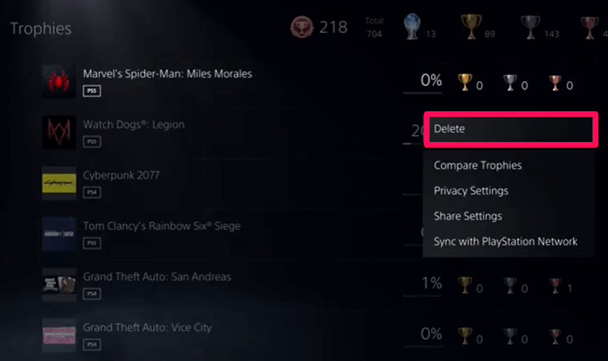 How to Delete Trophies on PS5 - Delete Option