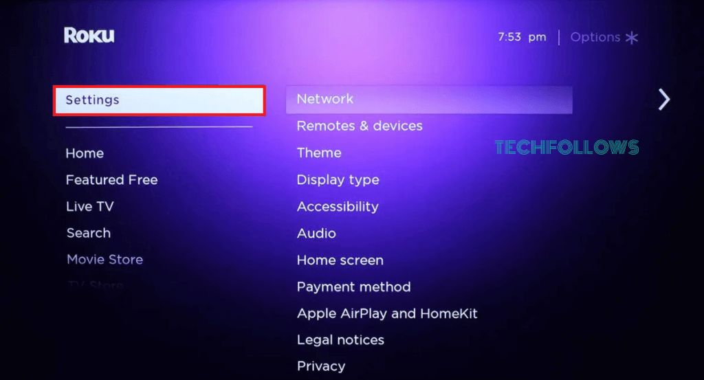 Settings menu on Roku