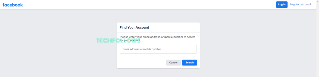 Facebook Find Your Account page