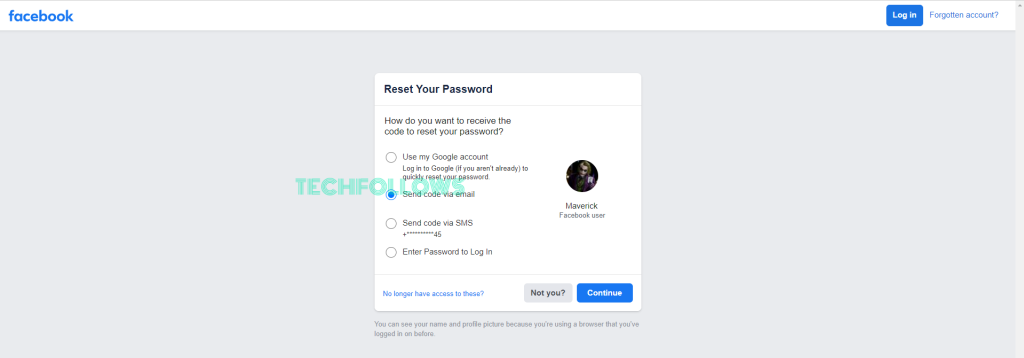 Click the Continue button on the Facebook Reset Your Password page