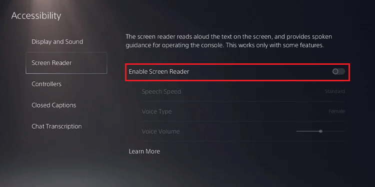 Click on Enable Screen Reader - How to Turn Off Voice PS5 