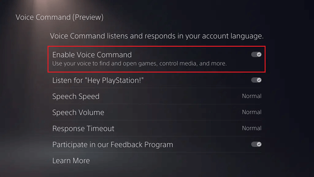 Click on Enable Voice Commands - How to Turn Off Voice PS5 