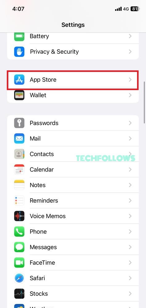 Choose App Store on iPhone Settings