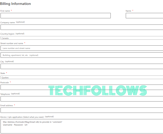 Complete the Billing Information to subscribe IPTV Quebec