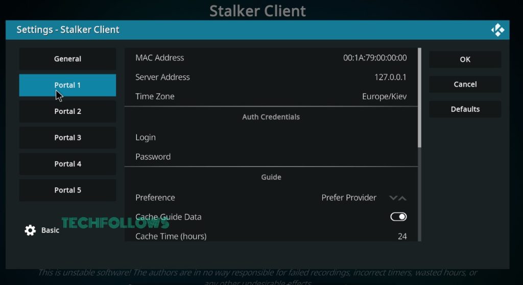 Enter IPTV credentials on IPTV Stalker Client