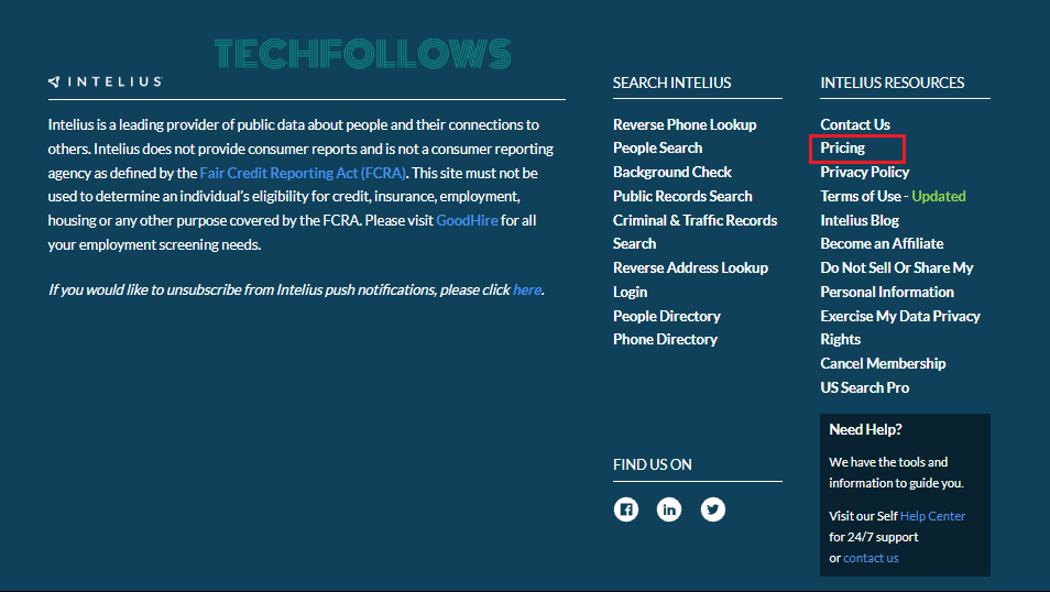 Click Pricing on Intelius website