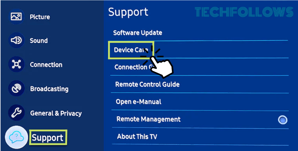 Choose Device Care under Support
