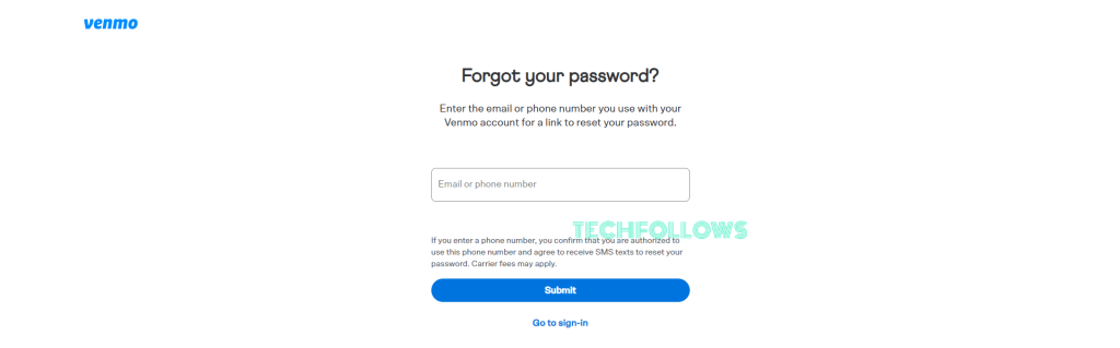 Venmo Reset Password page