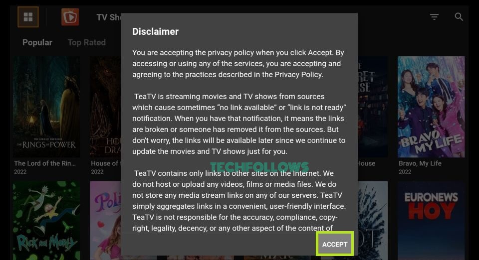 Click the Accept button to close the Disclaimer pop-up