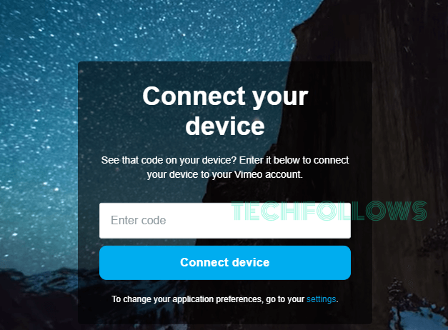 Enter the Vimeo activation code
