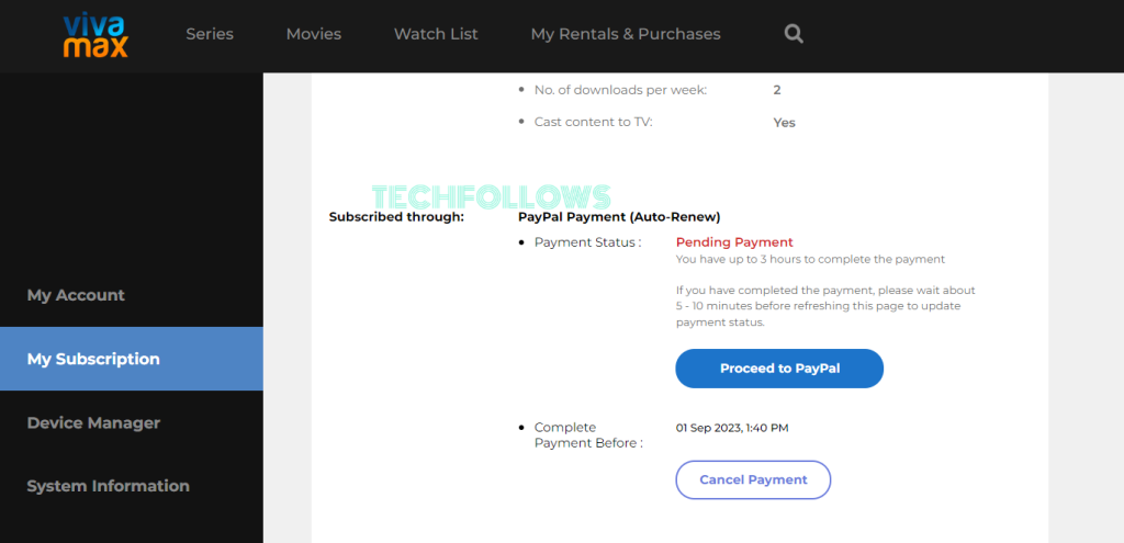 Tap Cancel Payment to cancel Vivamax free trial