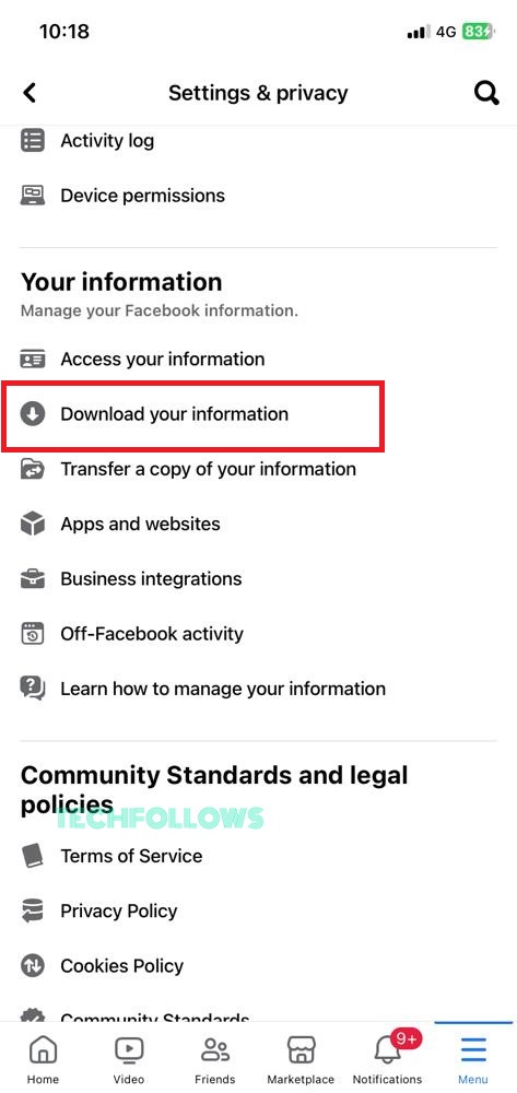 Tap the Downloade Your Information option