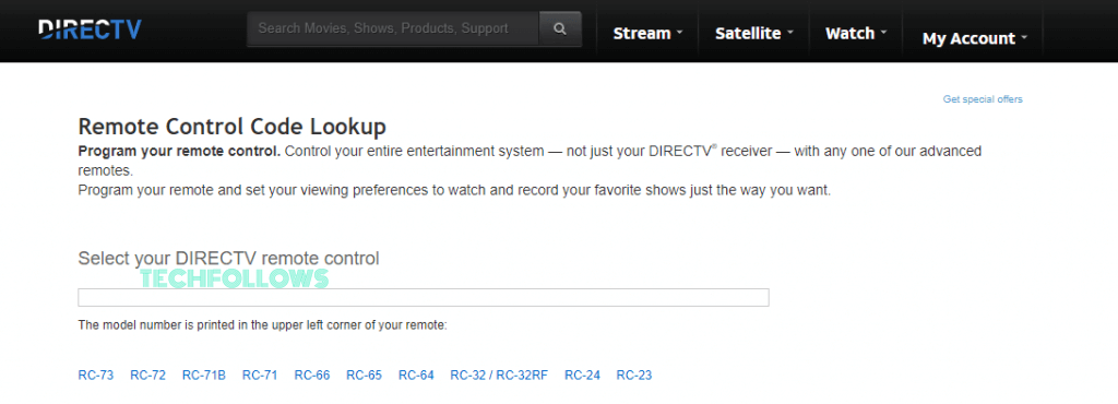 DirecTV Remote Control Code Lookup website