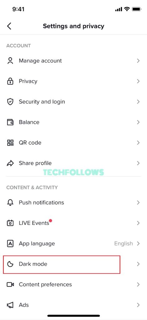 Choose the Dark Mode option on TikTok