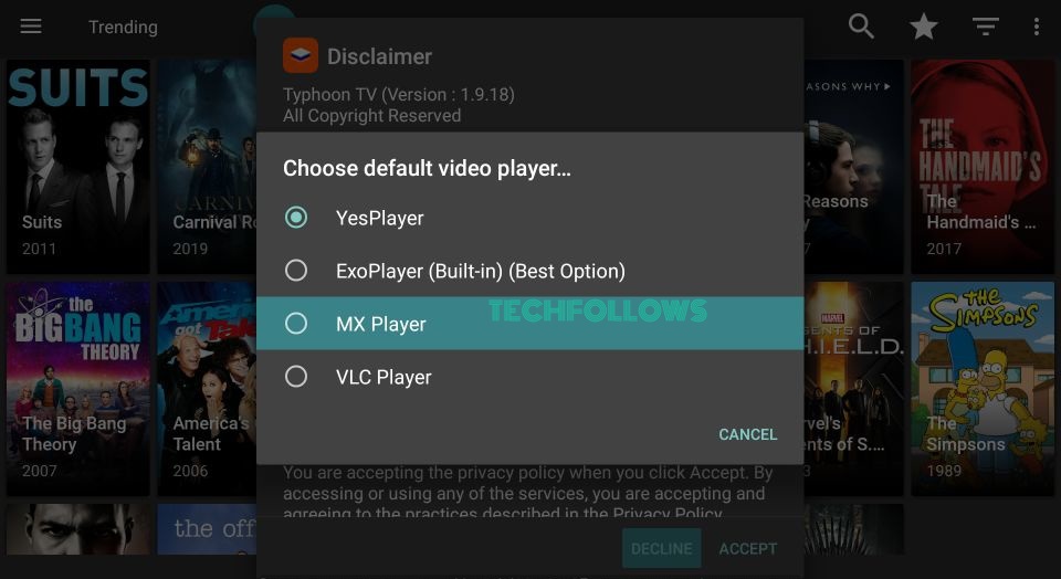 Choose the video player on Typhoon TV