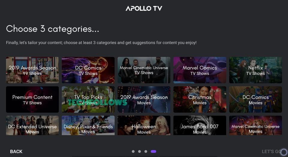 Choose three categories on Apollo TV