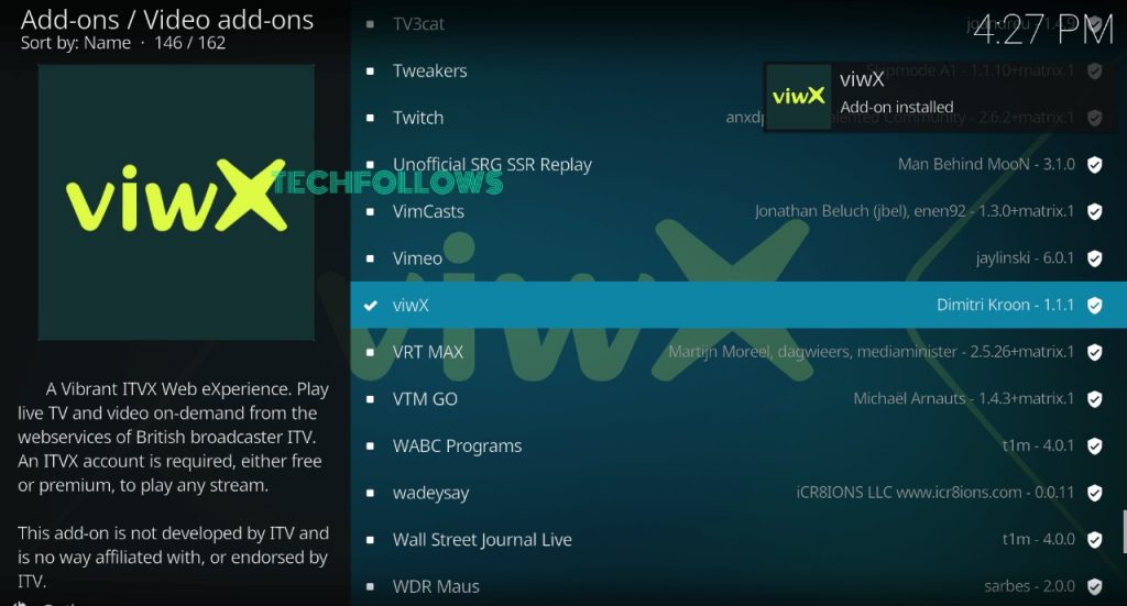 ITVX addon installed on Kodi