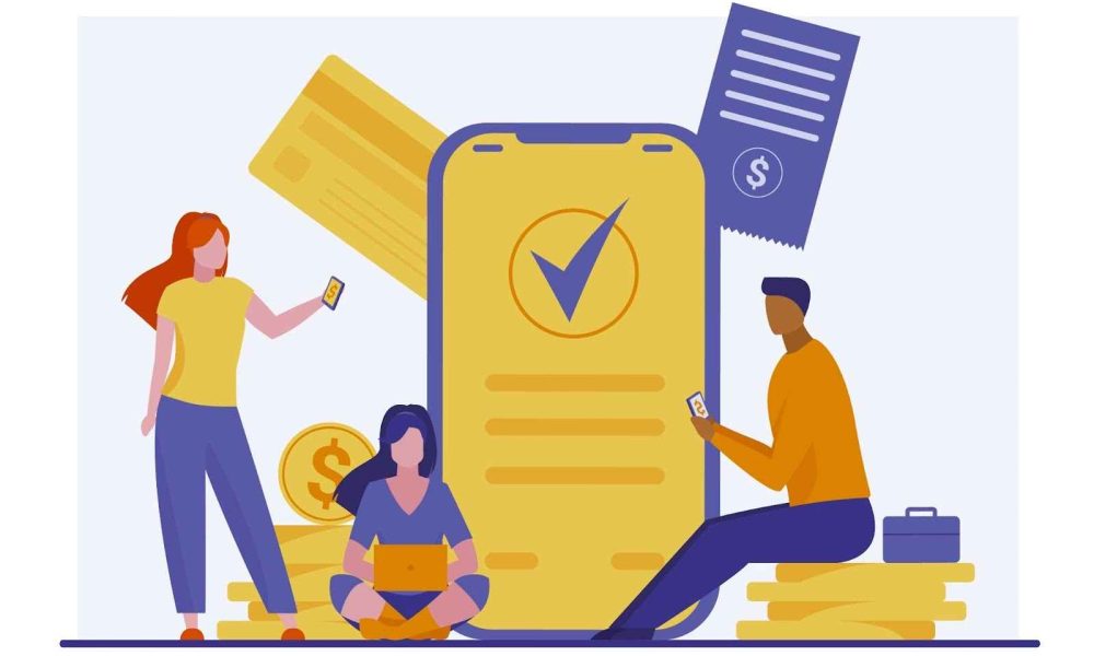 vector picture of the smartphone with coins and people surrounding it