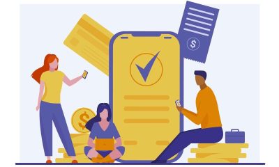 vector picture of the smartphone with coins and people surrounding it