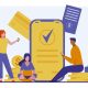 vector picture of the smartphone with coins and people surrounding it