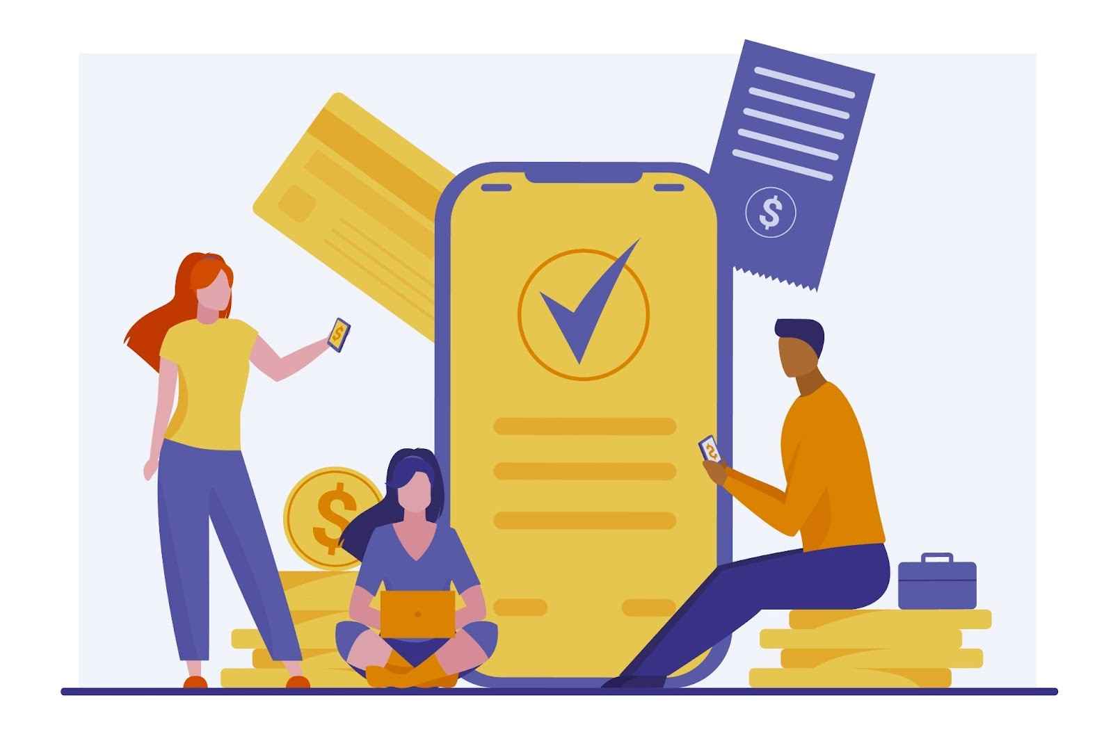 vector picture of the smartphone with coins and people surrounding it