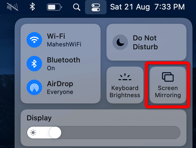 Select Screen Mirroring option on Mac
