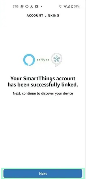 Click Next to connect Alexa and SmartThings app for your Samsung TV