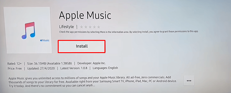 Click Install to get Apple Music on Samsung TV