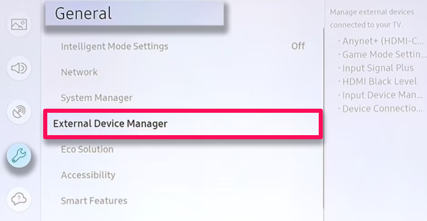 Choose External Device Manager to pair your device to Samsung Tv