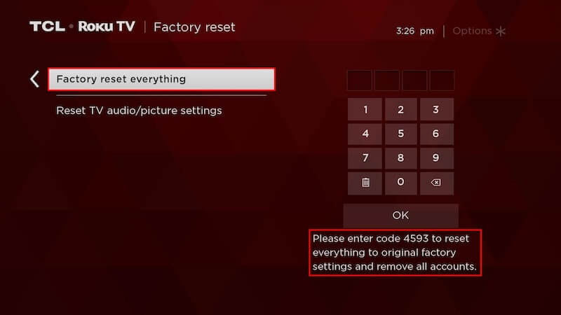 Select Factory Reset Everything to Clear Cache on TCL TV