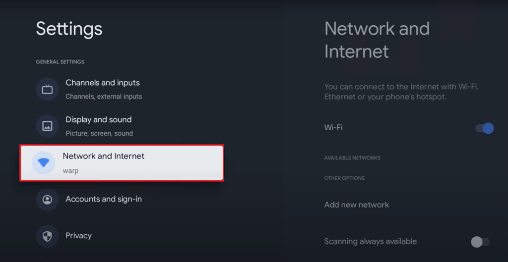 Select Network and internet