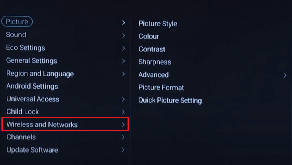 Click on the Wireless and Networks option - Connect Philips TV to WiFi