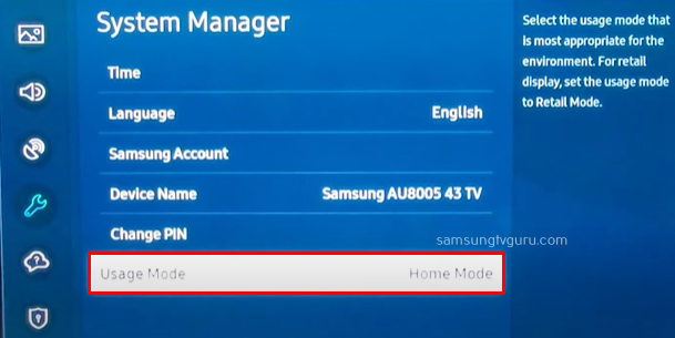 Select the Usage Mode option on your Samsung TV 