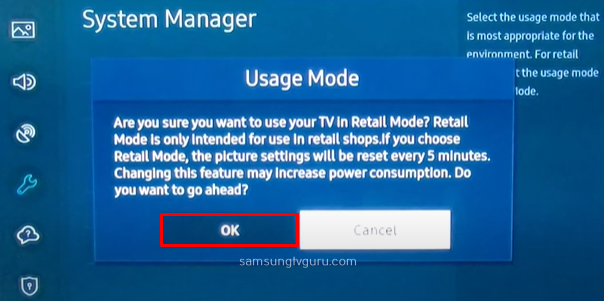 Click OK to turn on the Retail Mode on Samsung TV 