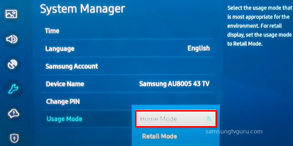 Hit the Home Mode option to turn off the Demo Mode 