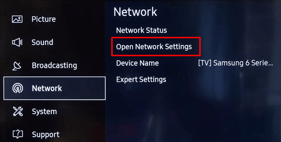 Forget Network on Samsung TV - Open Network Settings 
