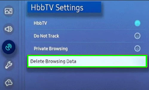 Select Delete Browsing Date to clear Cache on Samsung TV