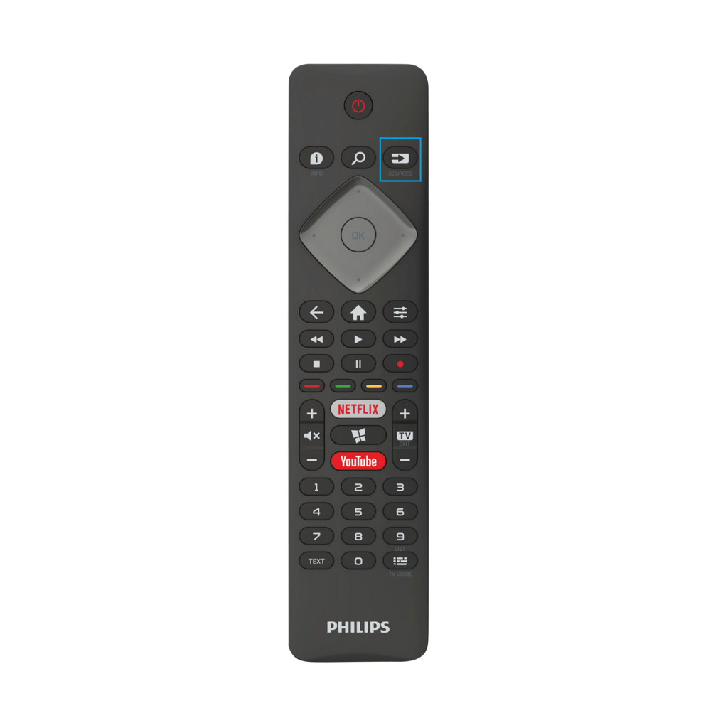 Press the Sources button on Philips TV remote - How to Change Input on Philips TV