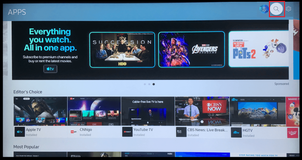 Click the Search icon to download the apps on Samsung TV