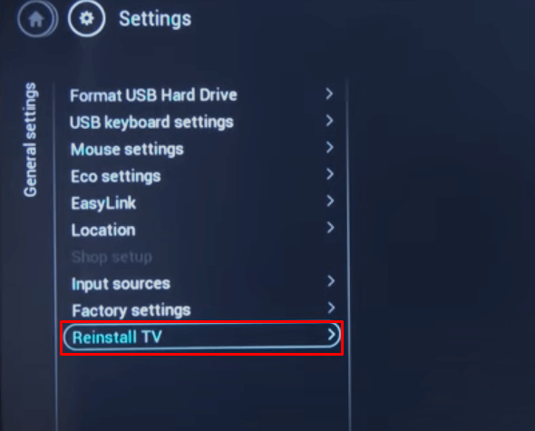 Select Reinstall TV and reset your Philips Saphi device