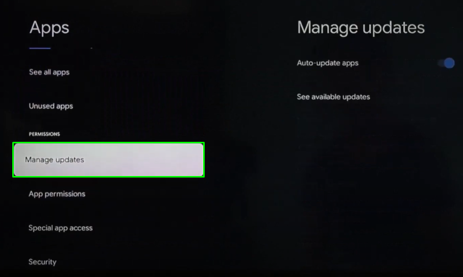Select the Manage Updates option on your TV