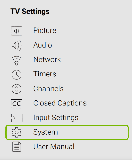 Go to TV settings and select System