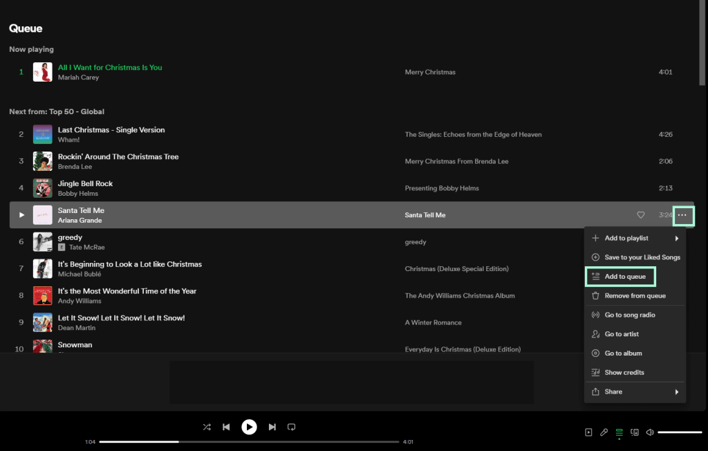 Select the Three Dots Icon and Click Add to Queue in the Spotify Queue