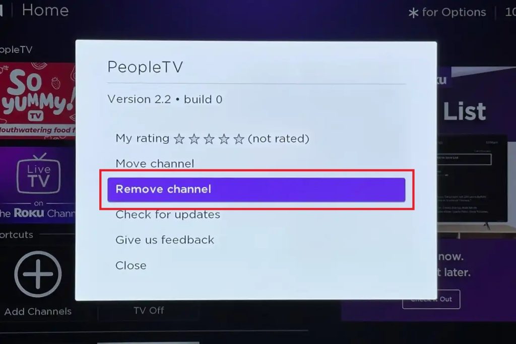 Click Remove Channel to Delete Channels on Roku