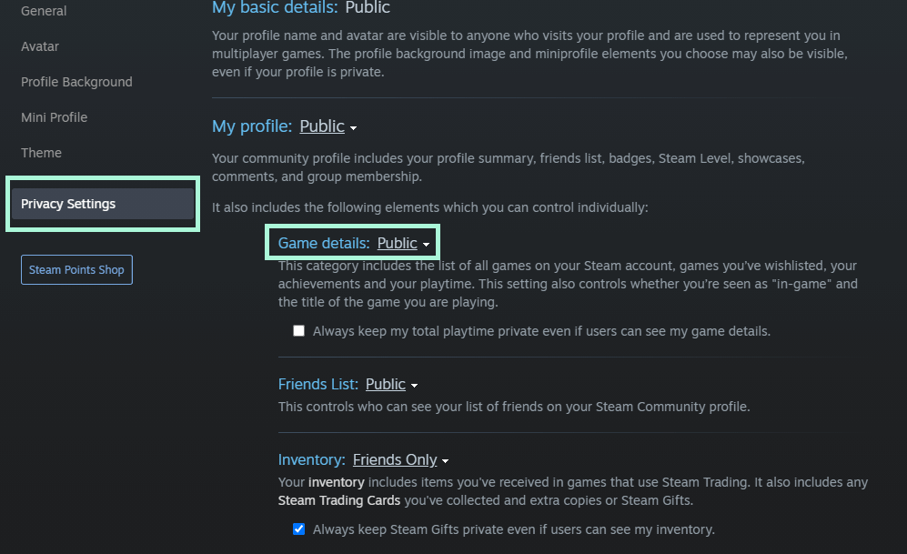 In the Privacy Settings, Select the Game Details